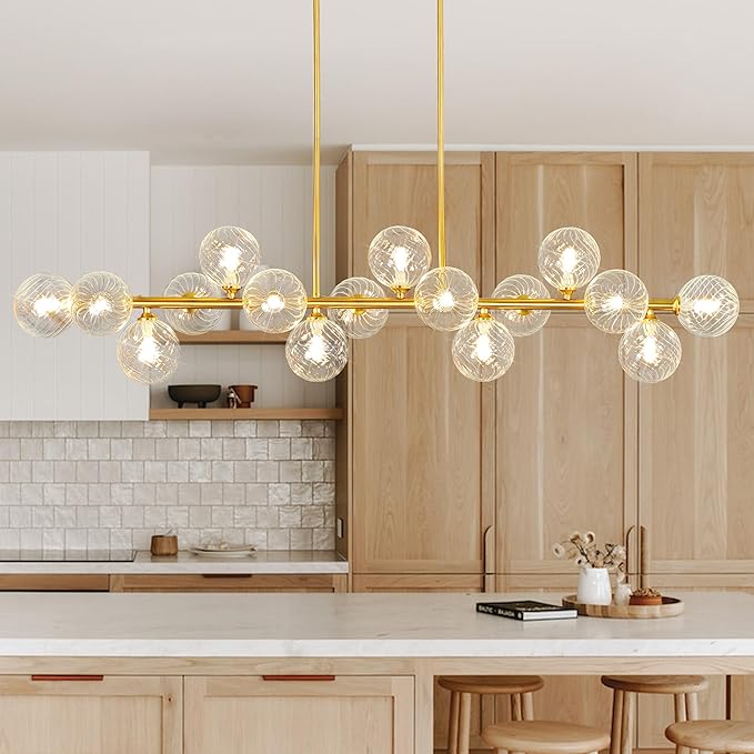 Modern Chandeliers for Dining Room Clear Glass 55" Large Dining Room Light Fixture, Gold Linear Sputnik Chandeliers Farmhouse Chandelier Kitchen Island, Electroplated Brass and Swirled Globe Shade