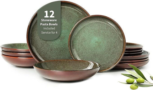 12 Piece Dinnerware Sets with Pasta Bowls, Stain Resistant Dish Set, Easy Cleaning Dishes, Multi-Functional Plate and Bowl Set, Stack Compactly Plates, Service for 4 Sage Green