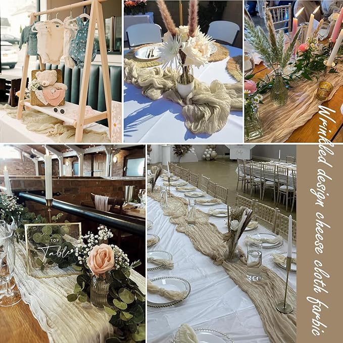 8 Pack Cheesecloth Table Runner 35x120 Inches Beige Boho Gauze Rustic Cheese Cloth Runners 10ft Long Romantic Sheer Table Runner for Wedding Bridal Baby Shower Party Christmas Table Decor