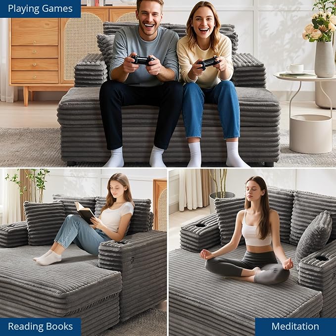 GarveeHome Oversized Chaise Lounge Chair Indoor, Comfy Corduroy Lounge Sofa with Charging Station, Cup Holders & Throw Pillows, Cozy Sleeper Couch for Living Room Apartments, Grey