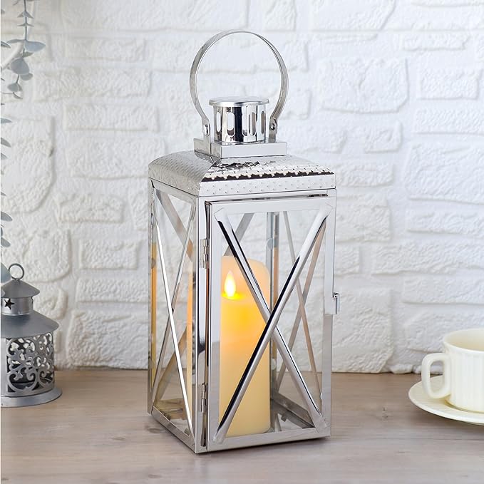 TRIROCKS 14" H Stainless Steel Lantern Square Elegance Metal Candle Lanterns Candle Holder with Tempered Glass for Home Garden Indoor Outdoor Decor Celebratory
