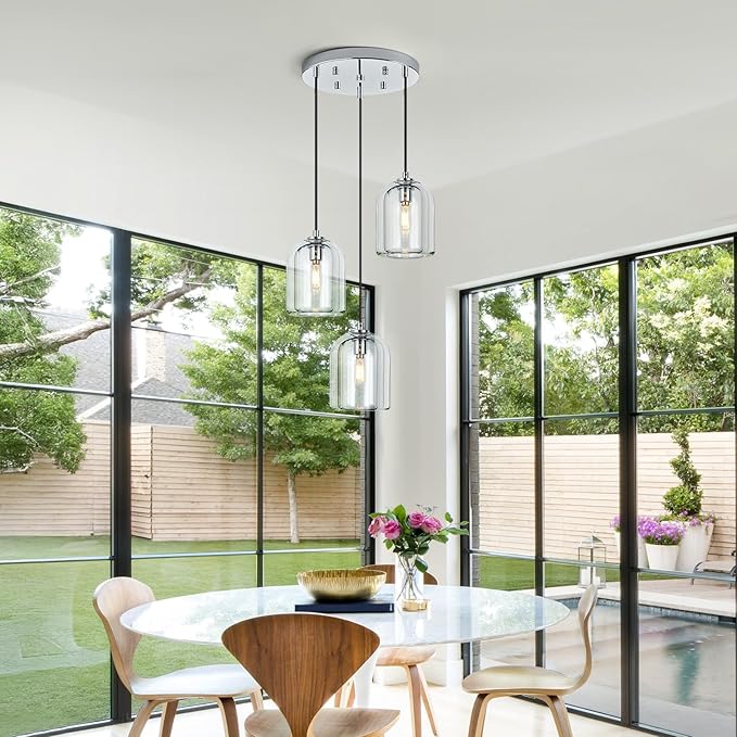 Modern Chrome Pendant Lights Kitchen Island Ceiling Chandelier Indoor Crystal Hanging Light Fixtures for Dining Room Kitchen Living Room Bedroom（3Light）