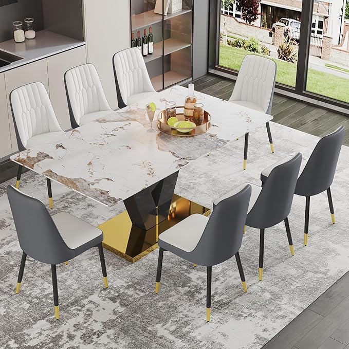 71'' Dining Table Set for 8,Marble Dining Table Set,Modern Kitchen Table with 8 PU Leather Chairs,Gold Dining Room Table Set with V-Shaped Black Glossy Pillars,Ideal for Kitchen Dining Room