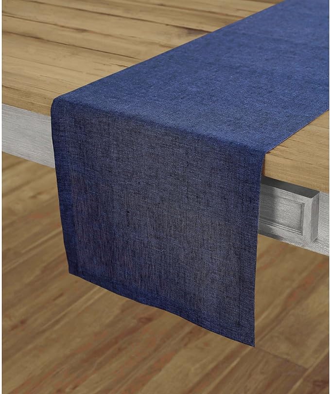 Solino Home Linen Table Runner 90 Inches Long - Athena, 100% Pure Linen Chambray Navy 14 x 90 Inch Table Runner for Dining, Fall, Autumn, Thanksgiving, Holiday