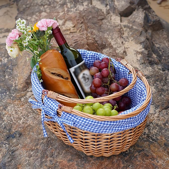 G GOOD GAIN Wicker Picnic Basket with Double Folding Handles,Willow Picnic Hamper,Natural Hand Woven Easter Basket,Easter Eggs and Candy Basket,Bath Toy and Kids Toy Storage,Gift Packing Basket.Blue