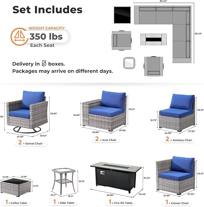 ovios 10 Pieces Patio Furniture Set, Outdoor Wicker Sectional Sofa with 54" Fire Pit Table Swivel Chairs, Modern Modular Deep Seat Rattan Couch Conversation Sets, Navy Blue