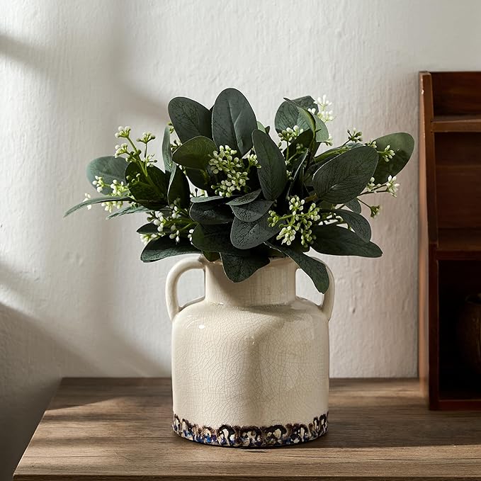 White Ceramic Vase with 2 Handles, 5.83 Inch Cute Retro Ice Cracked Flower Vase, Small Antique Vases for Modern Farmhouse Home Decor, Wedding, Living Room, Table, Shelf Decor, White