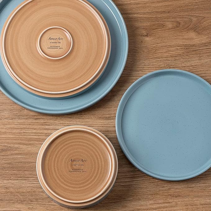 AmorArc Ceramic Dinnerware Set for 8 | Speckled Stoneware Plates and Bowls with Rustic Terracotta Underside| Scratch Resistant,Dishwasher & Microwave Safe Dishes Sets- 24pcs Blue