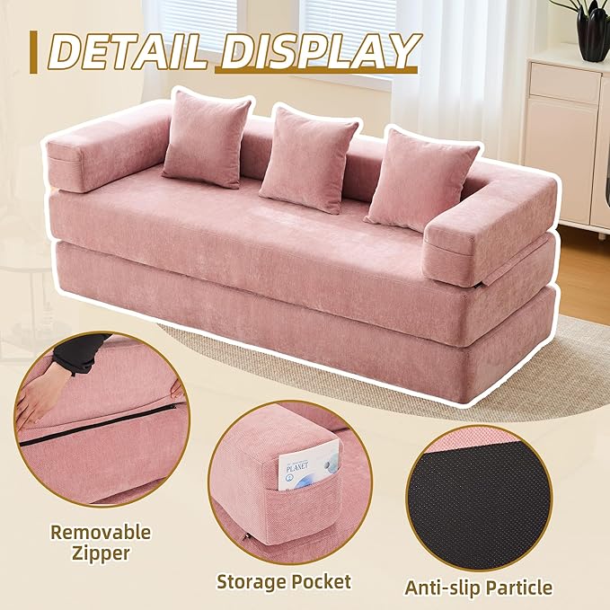 Convertible Floor Sofa Bed with Storage Pocket, Chenille Folding Mattress Sofa with Zipper Closure, Floor Lounge Couch for Living Room, Bedroom, Studio -Pink