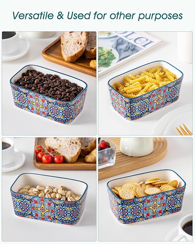 vancasso SIMI Butter Dish with Lid, 6.5" Large Butter Dish for Countertop, Bohemian Ceramic Butter Keeper Container with Knife and Bamboo Lid, Butter Holder for Counter, Twilight Bloom