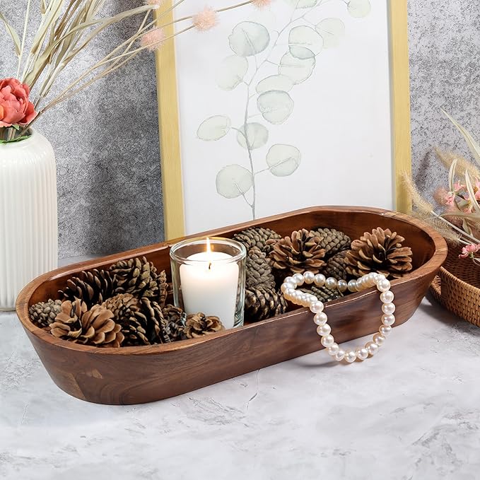 Luxe Designs Wooden Dough Bowl - Natural Acacia Wood - Handmade Decorative Bowls for Home Decor, Bathroom, Kitchen Counter, & More - Rustic Large Wood Dough Bowl for Decor, Cosmetics, and Keys