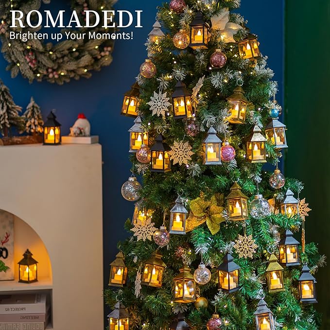 Romadedi Mini Lanterns Decorative for Centerpiece -10 PCS Hanging Small Gold Lantern Bulk with Flickering LED Candles for Wedding Table Decor Halloween Decorations Christmas, Batteries Included