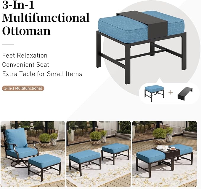 6 Piece Metal Outdoor Patio Furniture Set, Patio Conversation Sets 1 3-seater Sofa, 2 Swivel Chair, 2 Ottomans with 5.75" Thick Cushion and Coffee Table, Black Backyard Furniture, Navy