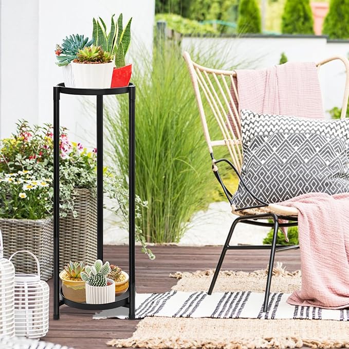 2 Tier Plant Stand Indoor Tall, Black Corner Tiered Round Plant Stand for Indoor Multiple Plants, Metal Flower Pot Stands Outdoor Holders Plant Shelf Display Rack for Balcony Living Room