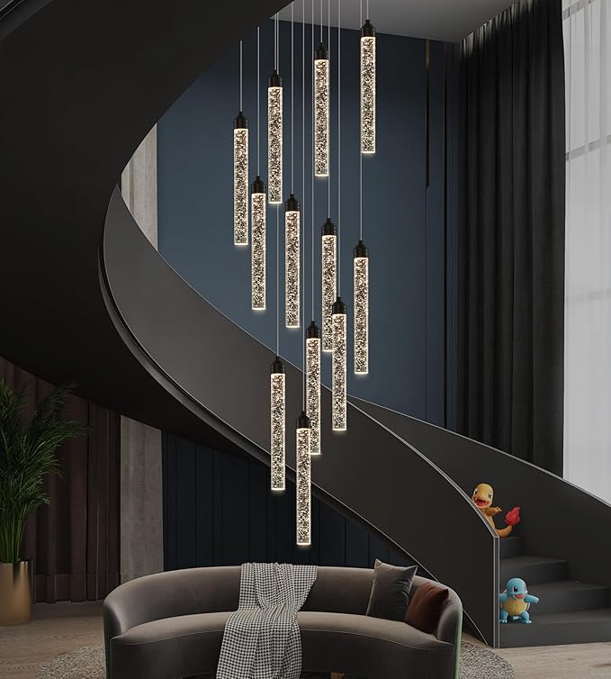 12-Lights High Ceiling Crystal Staircase Chandelier Black, Modern Spiral Raindrop Dimmable LED Bubble Cluster Ceiling Hanging Lighting Fixture for Foyer Living Room Entrance Remote Control