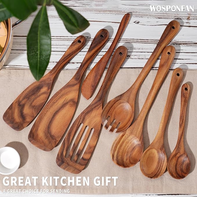 Wooden Cooking Utensils Set, 9 PCS Teak Wood Spoons, Spatula, Slotted Spoon, Handmade Modern Kitchen Utensils