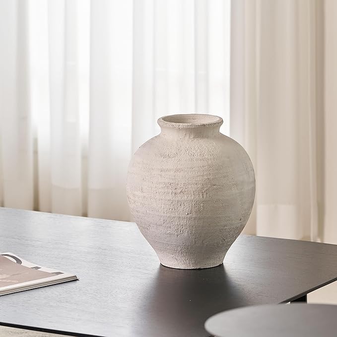 LB2 Large White Ceramic Vase, 11" Tall Zen Style vase, Terra Cotta Pitcher Vase, Distressed Farmhouse Decor, Pottery Decorative Flower for Home Decor (H 11.8" X 11")