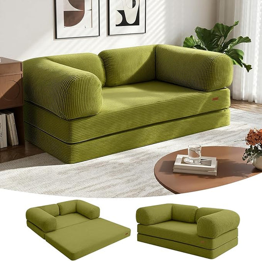 COMAX Folding Sofa Bed Queen, 4-in-1 Convertible Foldable Floor Couch Futon Sofa with Armrests, Sleeper Mattress Fold Out Chair Bed Comfy Portable Lounge Guest for Living Room Bedroom, Light Green
