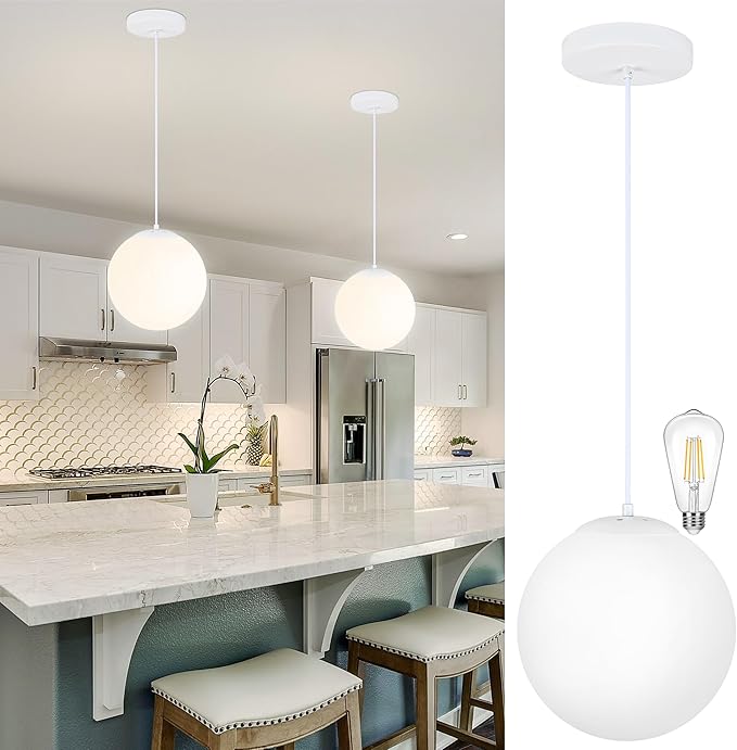 KoKo&Yukina 10 Inch Pendant Light White Globe Pendant Lights Kitchen Island Mid Century Light Fixture Adjustable Globe Cluster Lights with Milky White Glass Shade for Dining Room Living Room