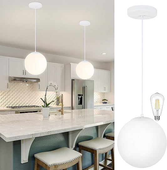 KoKo&Yukina 10 Inch Pendant Light White Globe Pendant Lights Kitchen Island Mid Century Light Fixture Adjustable Globe Cluster Lights with Milky White Glass Shade for Dining Room Living Room