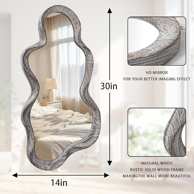 Asymmetrical Cloud Wavy Mirror, Modern Wood Frame, Unique Artistic Decor for Cloakroom, Bedroom, Living Room, Bathroom, Entryway, White, 30"L x 14"W