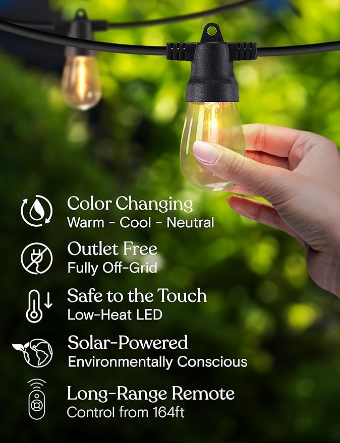 Brightech 104 (52x2) FT Ambience Pro Solar Powered Outdoor LED String Lights - Waterproof Remote Control Lights - 48 Bulbs, 7W Solar Powered Color Changing White Light for Camping, Patio, Garden