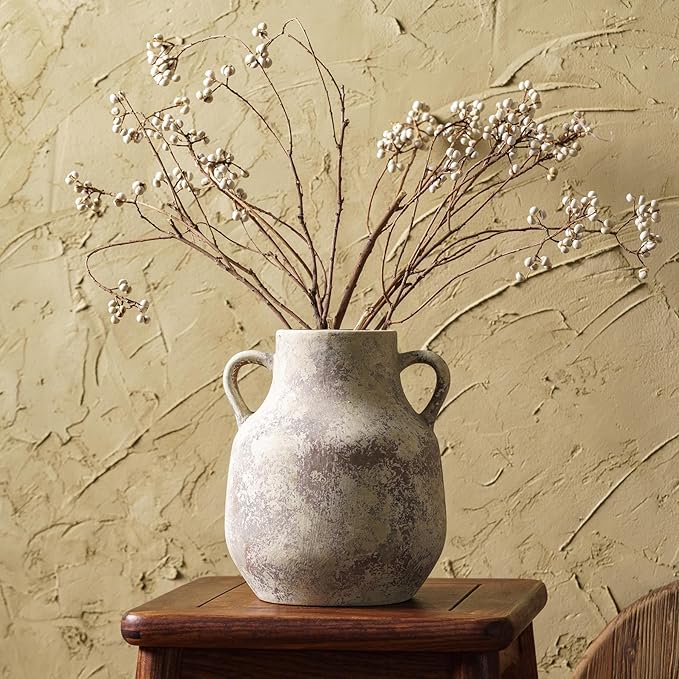 Rustic Ceramic Farmhouse Flower Round Vase with 2 Handles, Vintage Terra Cotta Vases, Decorative Pottery Ceramic Stone Vase for Home Decor, Living Room, Table, Shelf Decor, Mantel, 7.7 Inch