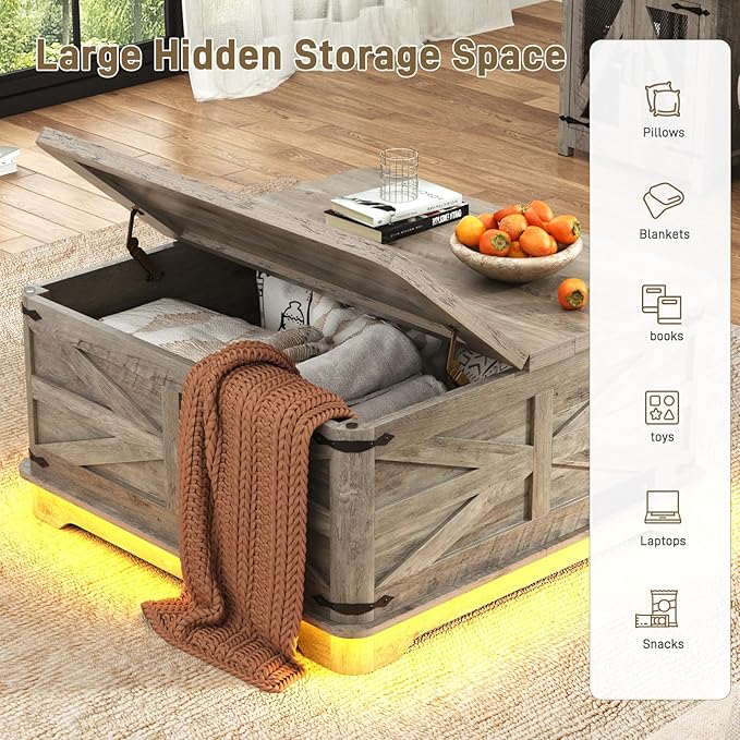 36" Farmhouse LED Lift Top Coffee Table with Storage and Power Outlets, Square Wood Living Room Tables with LED Lights & Large Hidden Space, Lift Wooden Barn Door Center Table, Grey