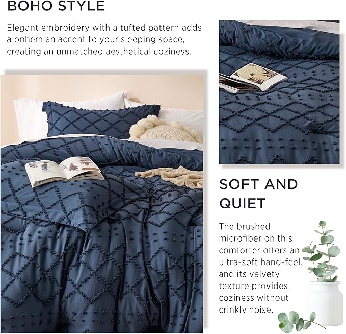 Bedsure Queen Comforter Set - Navy Blue Comforter, Boho Tufted Shabby Chic Bedding for Kids, 3 Pieces Vintage Farmhouse Bed Set for All Seasons, Fluffy Soft Bedding with 2 Pillow Shams