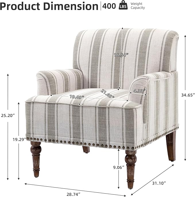 Modern Accent Chair with Arms,2 Set Mid Century Stripe Armchair for Living Room,Comfy Linen Fabric Single Sofa for Apartment Bedroom,Comfortable Cushioned Seat for Reading Home Office-Brown Stripe