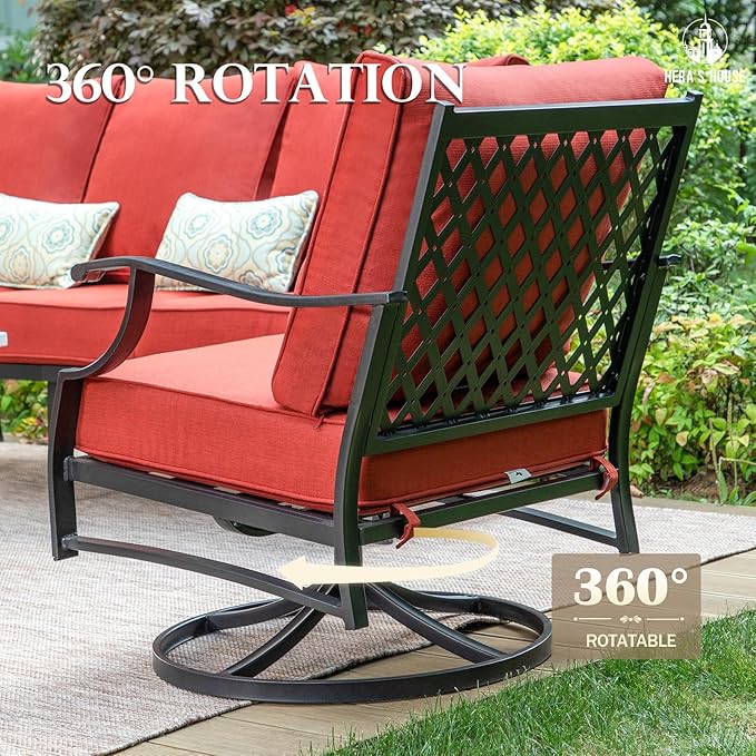 HERA'S HOUSE 6 Piece Patio Furniture Set, 2 x Swivel Chair, 2 x Fixed Chair, 1 x 3-Seat Sofa with Marbling Coffee Table, Outdoor Conversation Set for Lawn Garden Backyard, Red