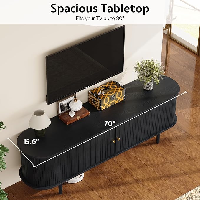 3-Piece Mid Century Modern Living Room Table Set, 70" TV Stand with Tambour Door, Nesting Round Coffee Table Set of 2, Wood Slats Entertainment Center with Storage, Black
