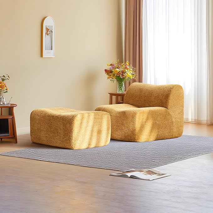 Lazy Sofa Chair, Modern Comfy Raindrop Velvet Fabric Deep Seat Armless Lounge Chair Movable Ottoman Set, 1-Seater Modular Sectional Sleeper Couch for Living Room, Bedroom, Office, Salon,Yellow