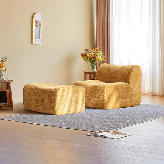 Lazy Sofa Chair, Modern Comfy Raindrop Velvet Fabric Deep Seat Armless Lounge Chair Movable Ottoman Set, 1-Seater Modular Sectional Sleeper Couch for Living Room, Bedroom, Office, Salon,Yellow