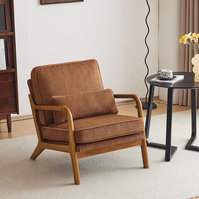 Karl home Mid-Century Modern Accent Chair, Living Room Chairs with Pillow Corduroy Upholstered Lounge Armchair with Solid Wood Frame & Soft Cushion for Bedroom, Reading Room, Brown