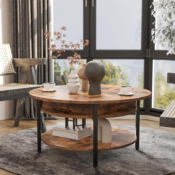 FABATO Round Lift Top Coffee Table with Storage and Hidden Compartment, 26.77'' Farmhouse Coffee Table for Living Room Reception Room, 2 Tier Small Round Coffee Table Circle Dining Table, Rustic Brown