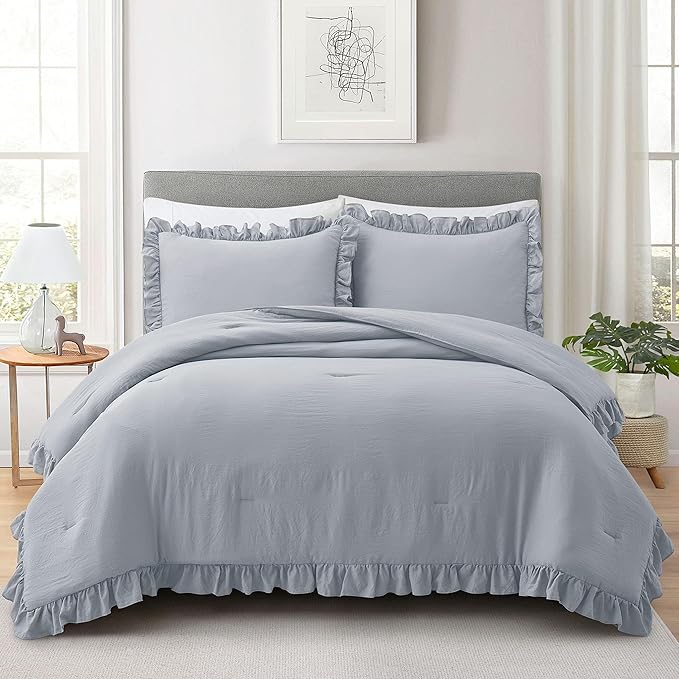 Bonlino Bed Bedding Comforter Set King - 3 Pieces Farmhouse Comforter Set, Ruffle Fluffy Boho Bedding Set Bedroom Comforter & 2 Ruffled Pillow Shams (King, Grey)