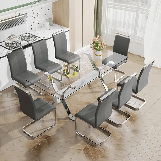 9 Piece Glass Dining Table Set, Kitchen Table Chairs Set for 8, 71'' Dining Table with 0.4" Tempered Glass Tabletop with Plated Metal Legs and MDF Crossbar, 8 PU Chairs for Dining Room, Kitchen.