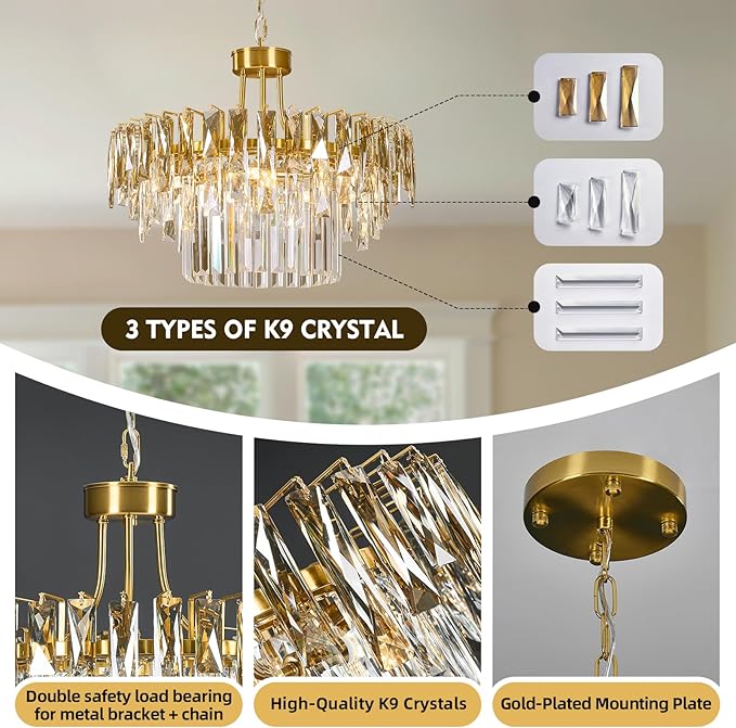 Modern Gold Round Crystal Chandelier - 19.7'' Luxury K9 Crystals Chandeliers for Dining room,3 Tier Raindrop Chandelier for Living room,Contemporary Light Fixture for Bedroom Foyer Entryway Kitchen