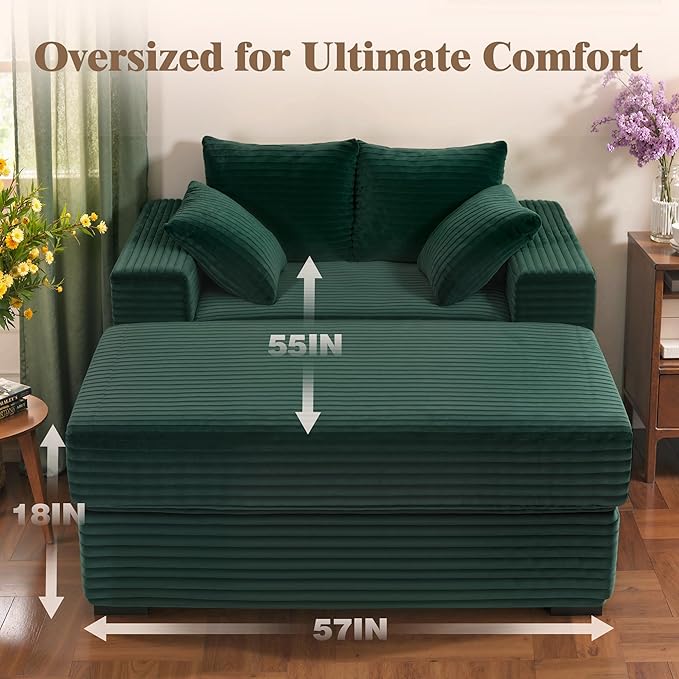 Indoor Chaise Lounge Chair With Storage Ottoman, Modern 60-Inch Lounge Sofa Chair With Wide Armrests & 4 Pillows, Oversized Comfy Reading Lounger For Living Room, Bedroom（Wide-Rib Corduroy Green)