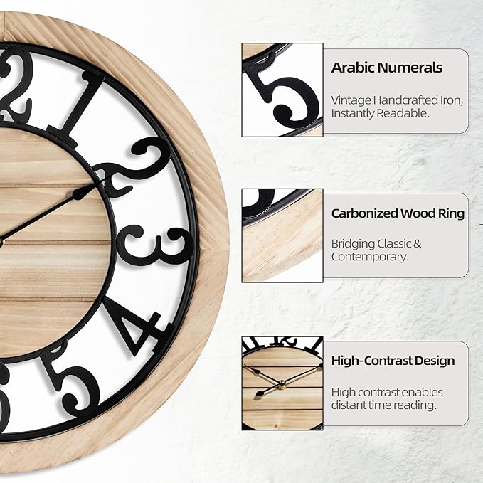 LEIKE 16 Inch Large Wall Clock - Rustic Wooden Silent Non-Ticking Wall Clock with Black Metal Frame, Vintage Farmhouse Decorative for Living Room, Bedroom, Kitchen - Arabic Numerals, Modern Design