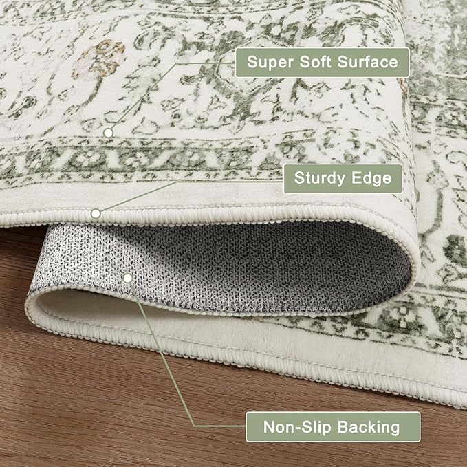 LIVEBOX Washable Runner 2x6 - Vintage Tribal Kitchen Rug, Long Entryway, Low-Pile for Bedroom, Non-Skid Soft Carpet Throw for Bathroom Laundry Room Hallway Sage