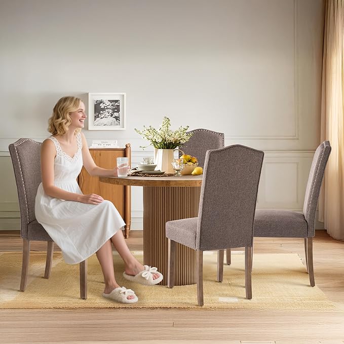 Stylish Upholstered Parsons Dining Chair Kitchen with Silver Nailhead Trim and Sturdy Solid Wood Legs