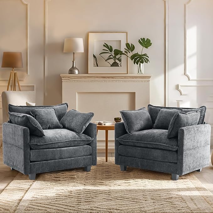 SweetGO corporation 40" Chenille Lounge Chair for Reading, Modern Couch Cozy Sofa Bed, Upholstered Living Room Single Sofa Accent Chair with Ottoman, Grey