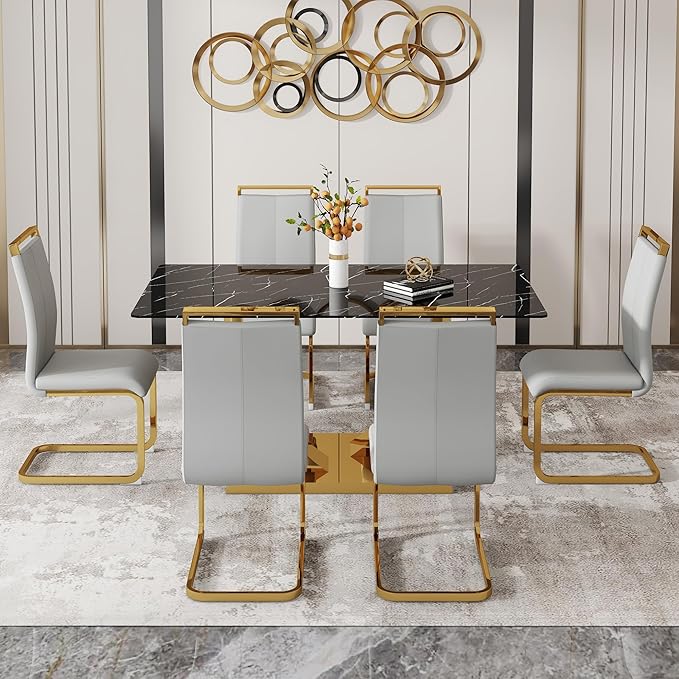 63” Dining Room Table Set for 6,Gold Rectangle Kitchen Table Set with PU Leather Chairs,Black Faux Marble Tempered Glass Top and Golden Base