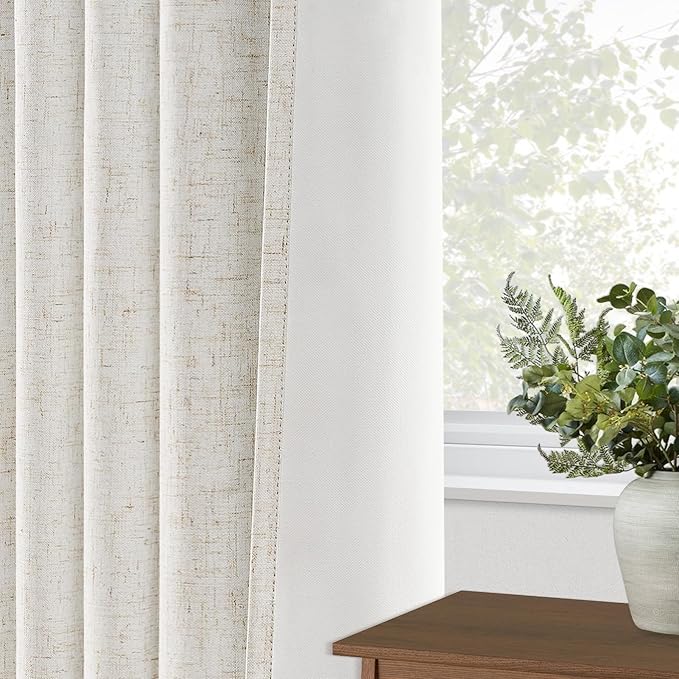 Topfinel 105 Inches Long Custom Black Out Faux Thick Linen Drapery Panels, Pinch Pleated Heat Reflective Cream Curtains with Pin Hooks, Luxury Lined Back Tab Drapes 2 Panels for Living Room