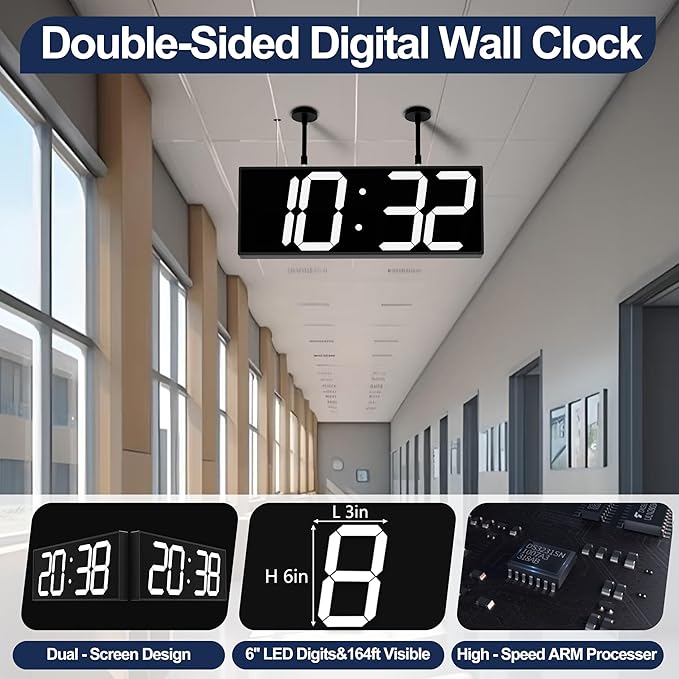 Large Double Sided Digital Wall Clock 19" with Remote Control,Suspended Design for Hospitals, Factories, Airports.