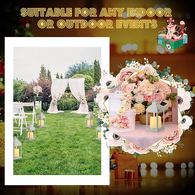 12 Set 10 Inch White Decorative Candle Lanterns Bulk Lanterns Centerpiece with LED Flameless Candle Indoor Outdoor Battery Powered Hanging Lights for Wedding Halloween Thanksgiving Christmas