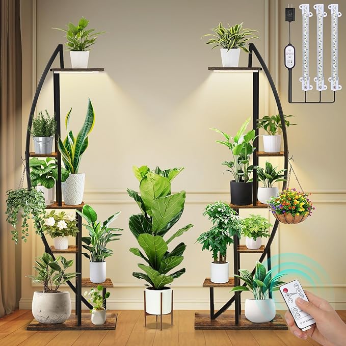 65" Tall Plant Stand Indoor with Grow Lights & Remote Control & Auto Timer, 6 Tier 2 Pack Half-Moon Metal Flower Rack with Full Spectrum Dimmable Light, Display Shelves for Living Room,Patio