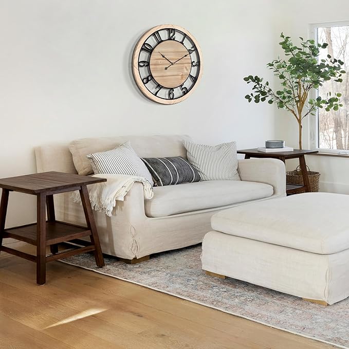 LEIKE 20 Inch Large Wall Clock - Rustic Wooden Silent Non-Ticking Wall Clock with Black Metal Frame, Vintage Farmhouse Decorative for Living Room, Bedroom, Kitchen - Arabic Numerals, Modern Design